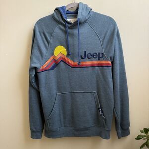 Jeep Retro Mountain Embroidered Hoodie Blue Heathered Pullover size SM